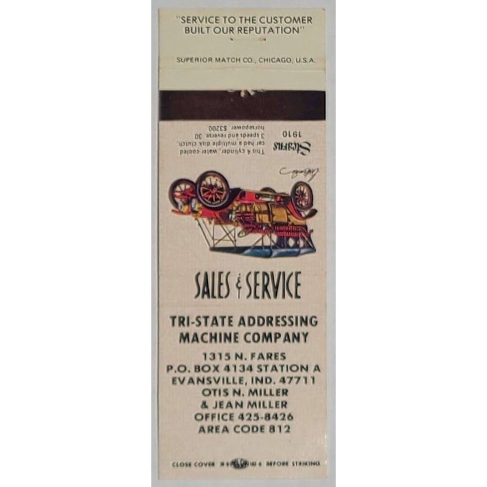 Vintage Matchbook Cover Tri-State Addressing Evansville IN 1910 Stearns Auto